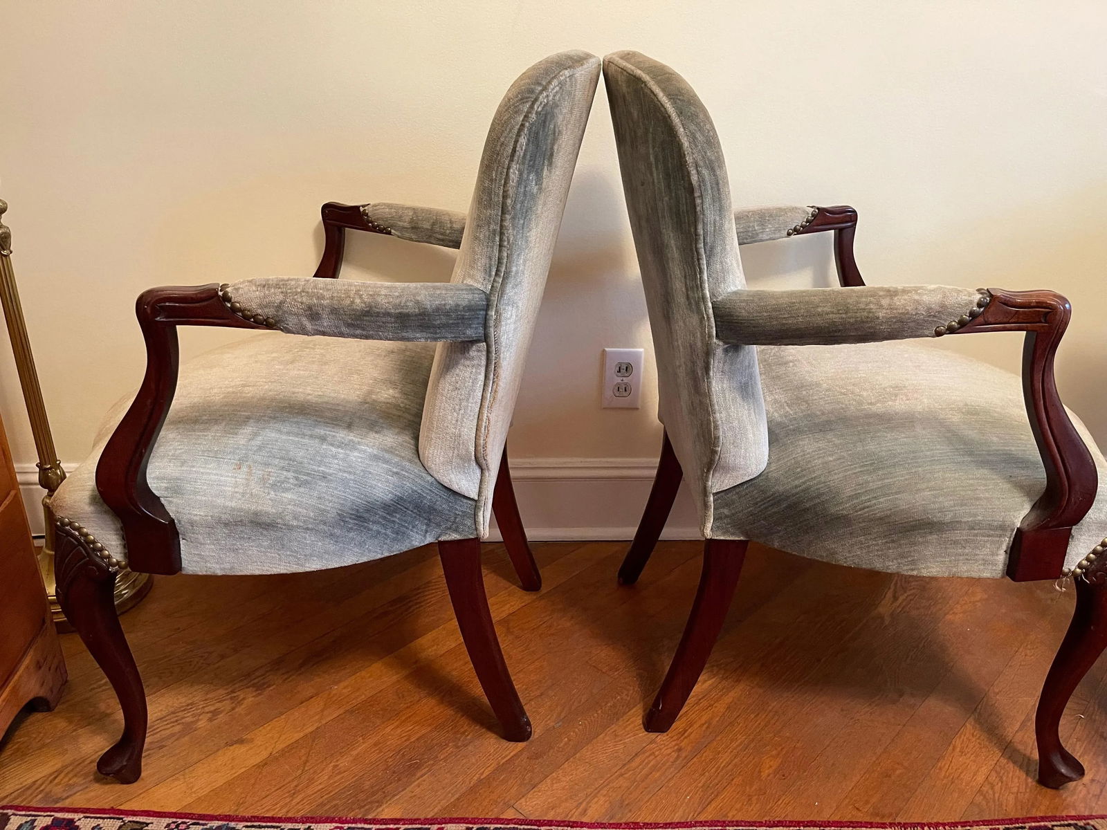 Hickory Chair Co. Mahogany Armchairs Sage Green Velvet Brass Nailhead Trim - a Pair - 2