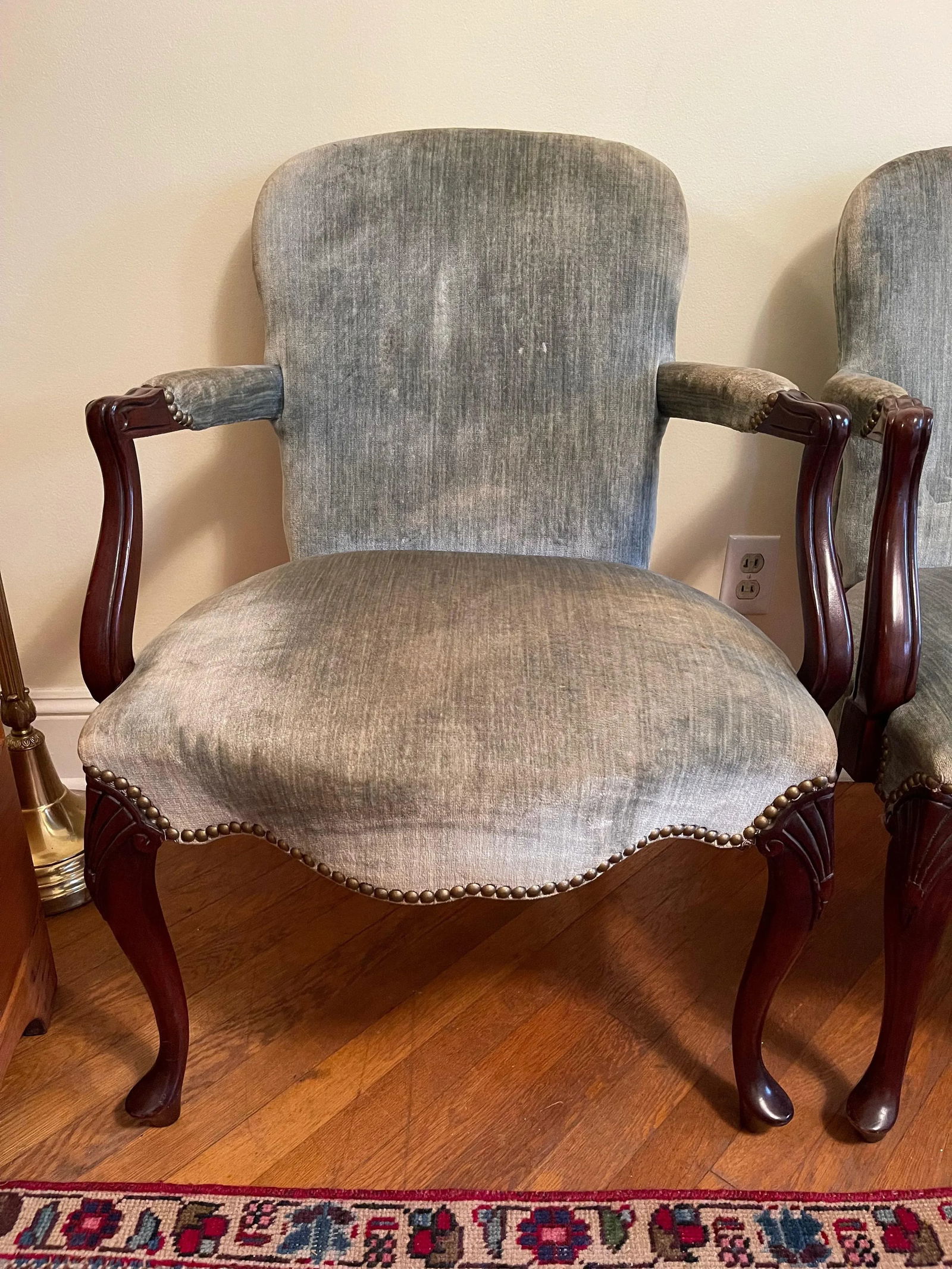 Hickory Chair Co. Mahogany Armchairs Sage Green Velvet Brass Nailhead Trim - a Pair - 4