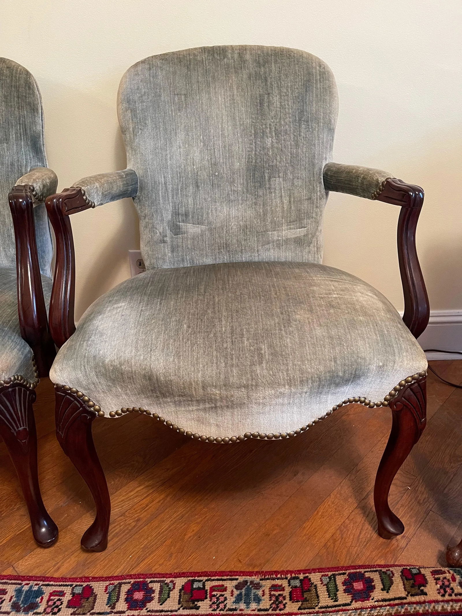 Hickory Chair Co. Mahogany Armchairs Sage Green Velvet Brass Nailhead Trim - a Pair - 5