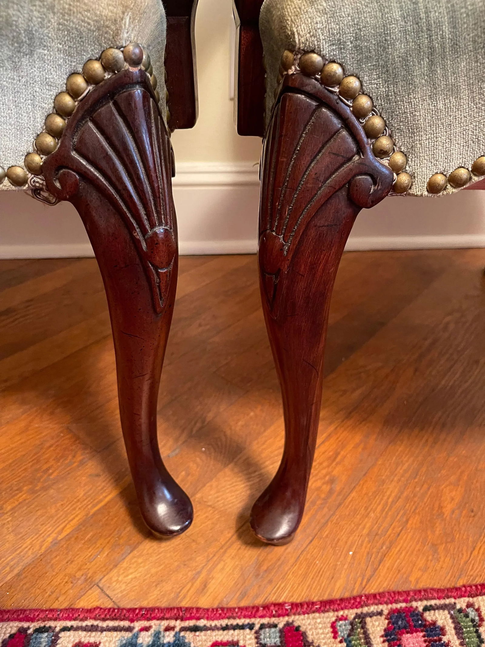 Hickory Chair Co. Mahogany Armchairs Sage Green Velvet Brass Nailhead Trim - a Pair - 9