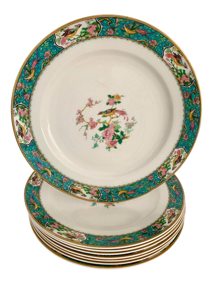 W.H.Grindley Chinoiserie Dishes C.1920's - Set of 7: A beautiful and vibrant set of 7 dinner plates by W. H. GRINDLEY & Co - ENGLAND. A teal/aqua colored border with lovely shades of pinks, yellows and greens depicting birds and flowers grace these