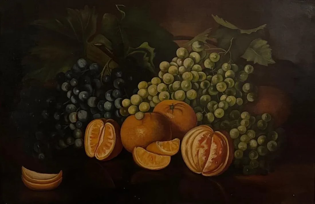 19th Century Rhode Island Still Life, Grapes and Oranges Oil Painting, Framed - 4