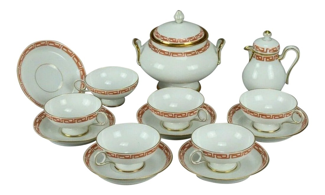 Antique 19th Century Emile Galle Bone China Tea Set for Six- 14 Pieces: An EXTREMELY RARE and luxurious tea set Finest bone china, thin as egg shell, shiny and sounds as crystal when tapped with a fingernail Neoclassical design, simple yet very sophisticated with orange/r