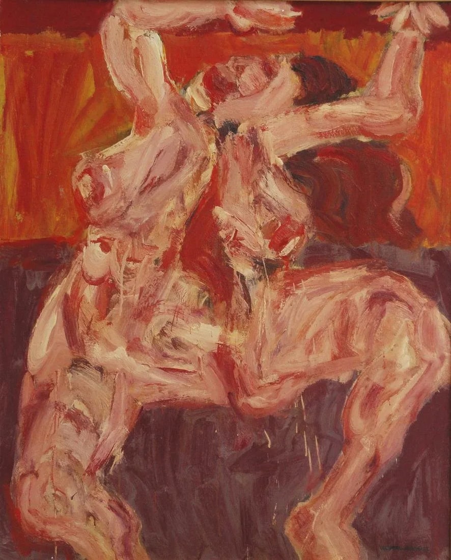 Mid 20th Century "Red Nude" Abstract Figurative Painting by Julio Martin Caro Soto: Julio MARTIN CARO SOTO Spanish (1933-1968). The piece is titled: Red Nude. Oil on wood panel Signed and dated 1967 on lower right Measures: 39 1/2 x 32 in. Condition: Original Design Modified; Some Im