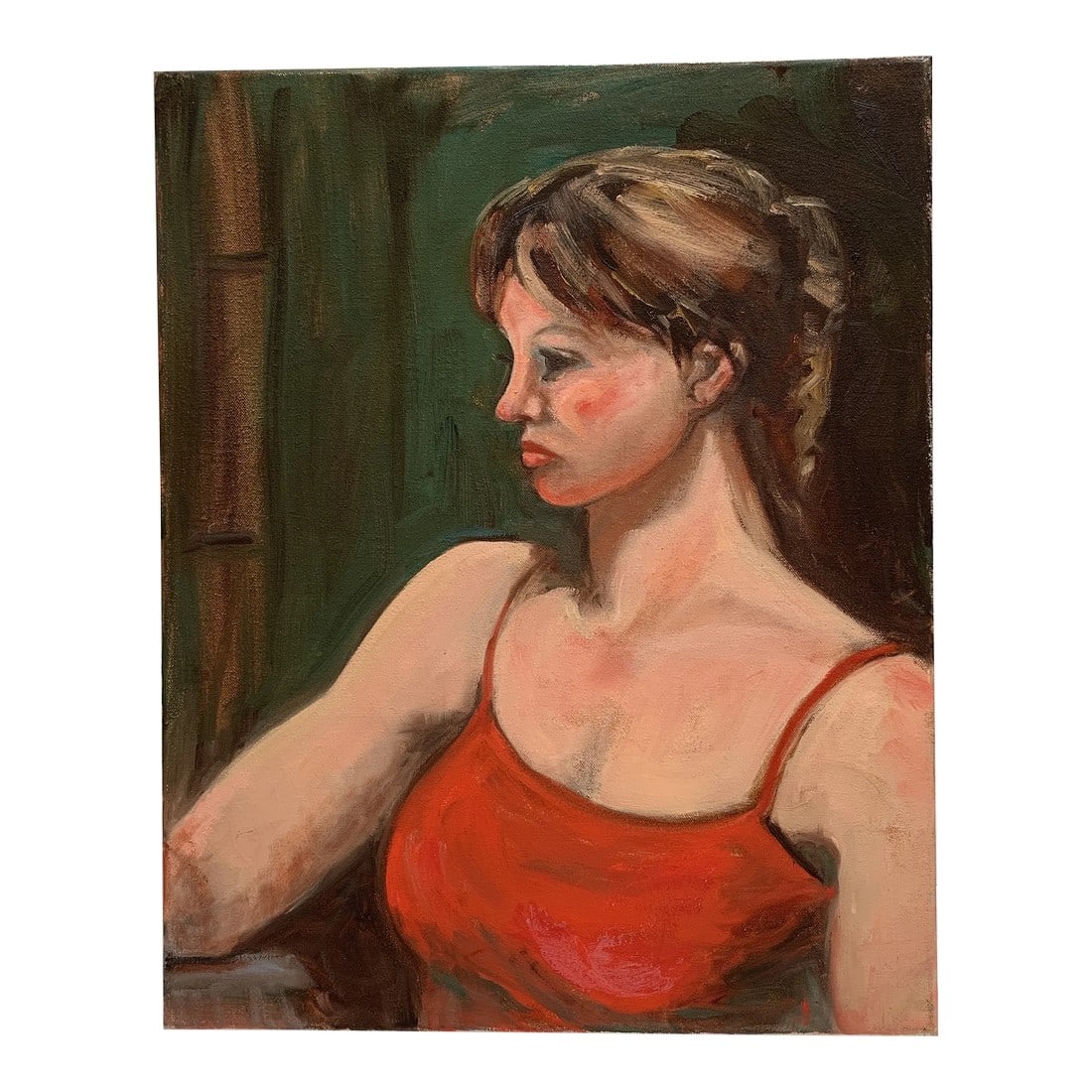 Vintage Original Portrait Painting of a Woman by the Window: Vintage canvas painting of a woman in red by the window. Deep rich bold and earthy tones. Discovered this at an estate sale in Northern California. The bright red pops against the earthy greens snd br