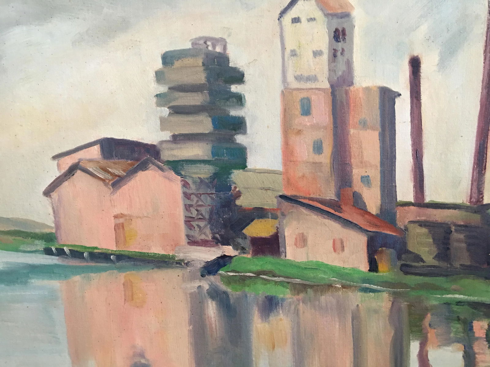 1940s Modernist Industrial Architectural Painting by Miriam De Lemos, Framed - 2