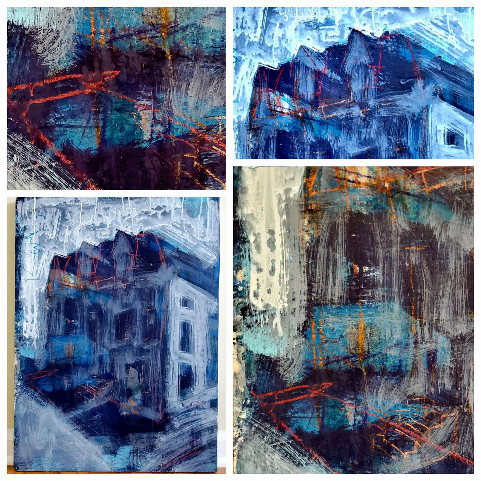 Blue Empire 2022 Architectural Acrylic, Crayon and Graphite Painting, Hugh Keating - 5