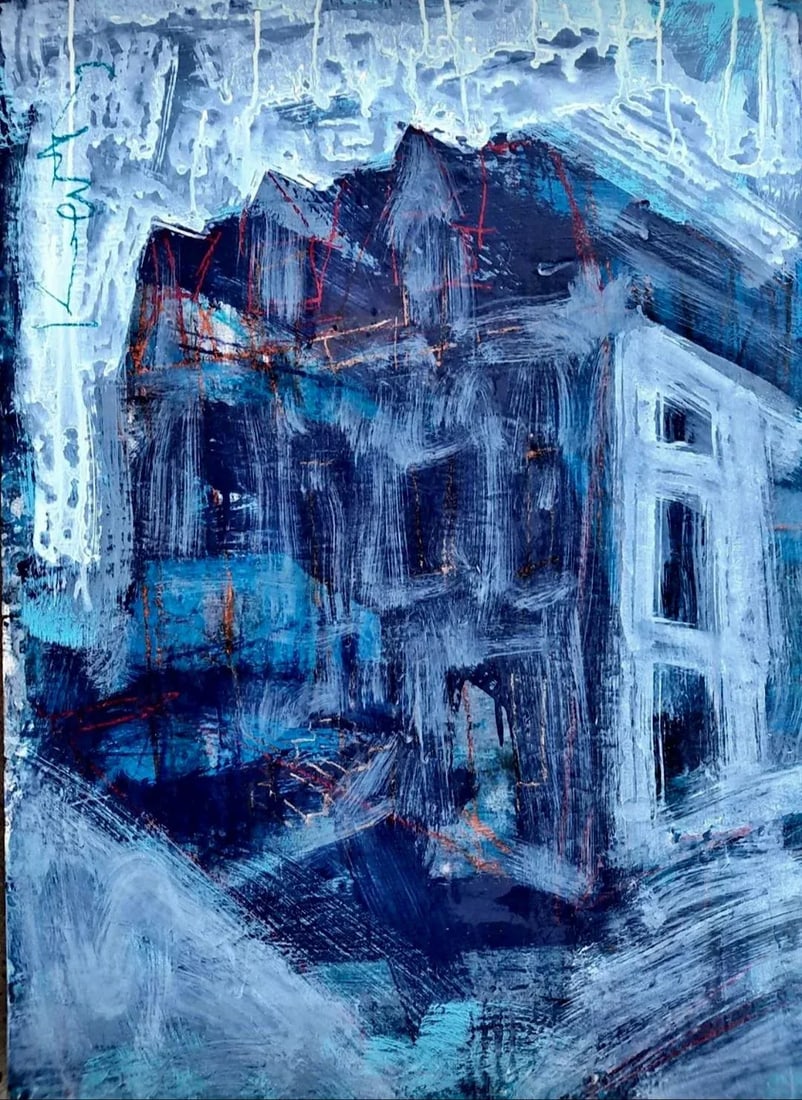 Blue Empire 2022 Architectural Acrylic, Crayon and Graphite Painting, Hugh Keating - 6