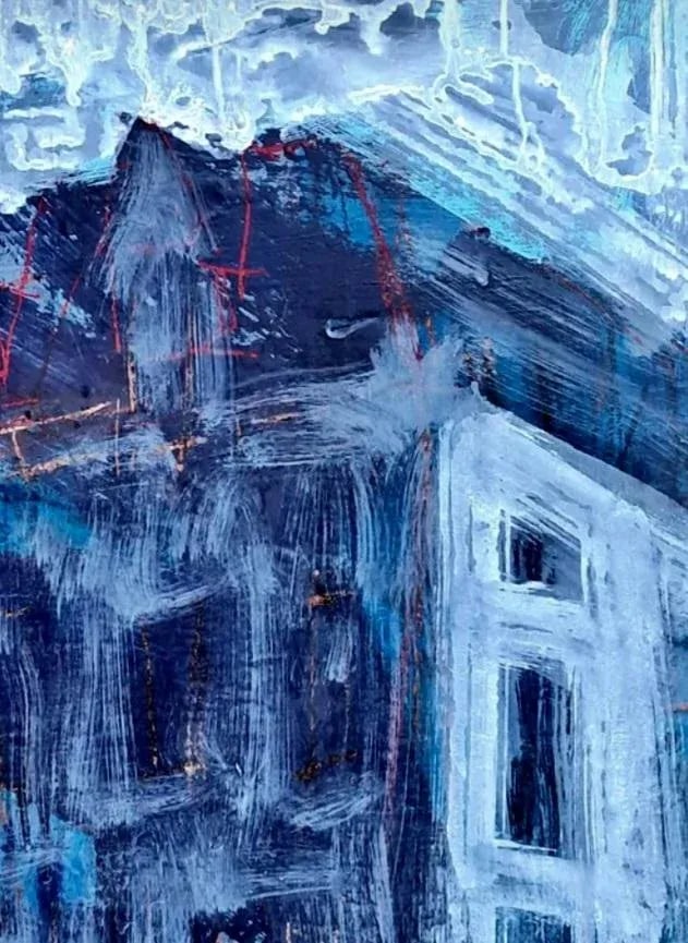 Blue Empire 2022 Architectural Acrylic, Crayon and Graphite Painting, Hugh Keating - 9