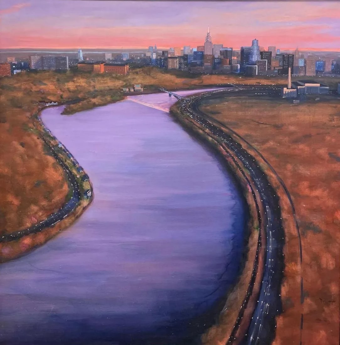 1990s Original John J. DeVlieger Philadelphia Cityscape Oil Painting, Framed - 2