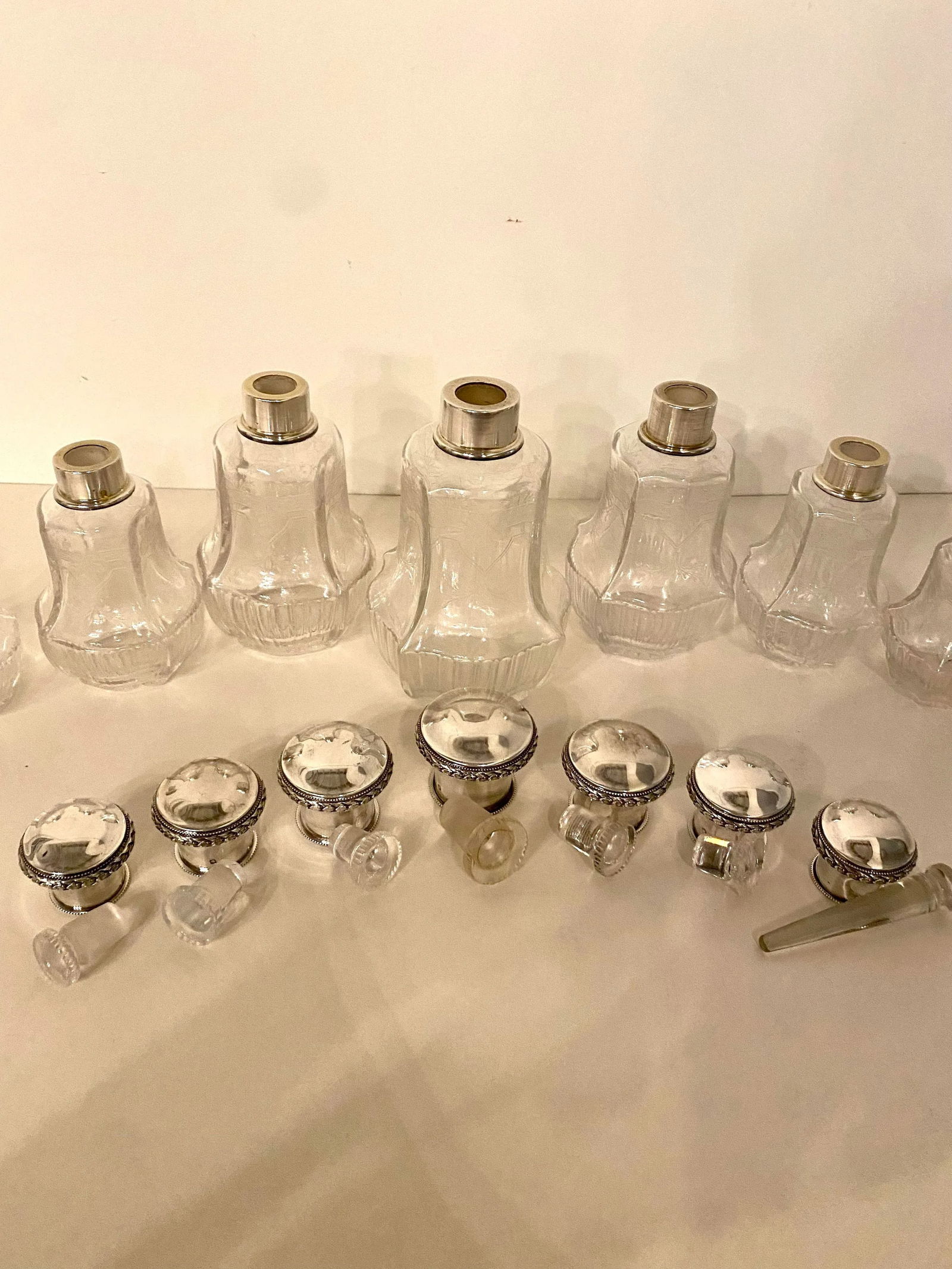 Antique Baccarat-Style Sterling and Crystal Perfume Bottles Vanity Set- 7 Pieces - 10