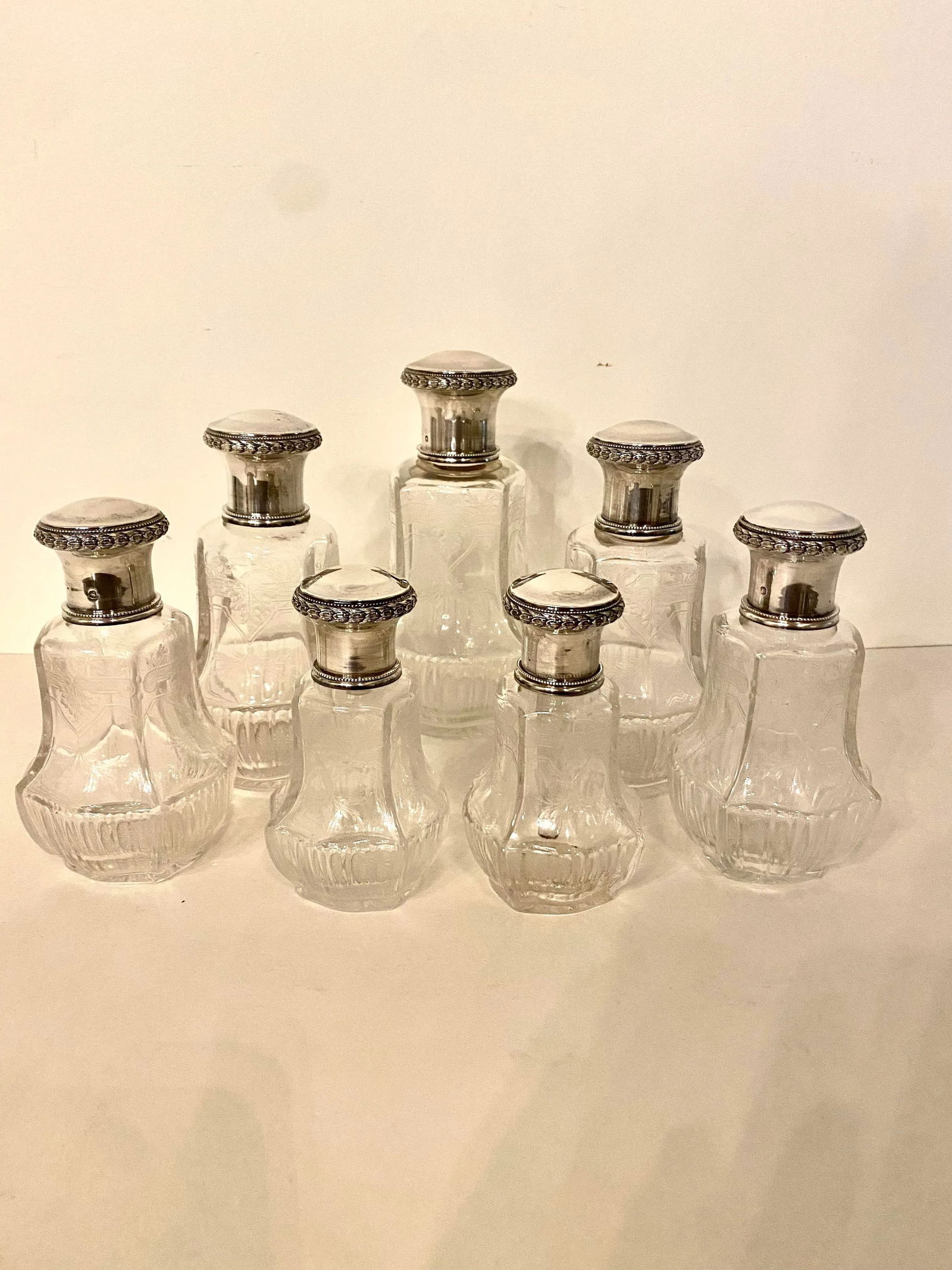 Antique Baccarat-Style Sterling and Crystal Perfume Bottles Vanity Set- 7 Pieces - 2