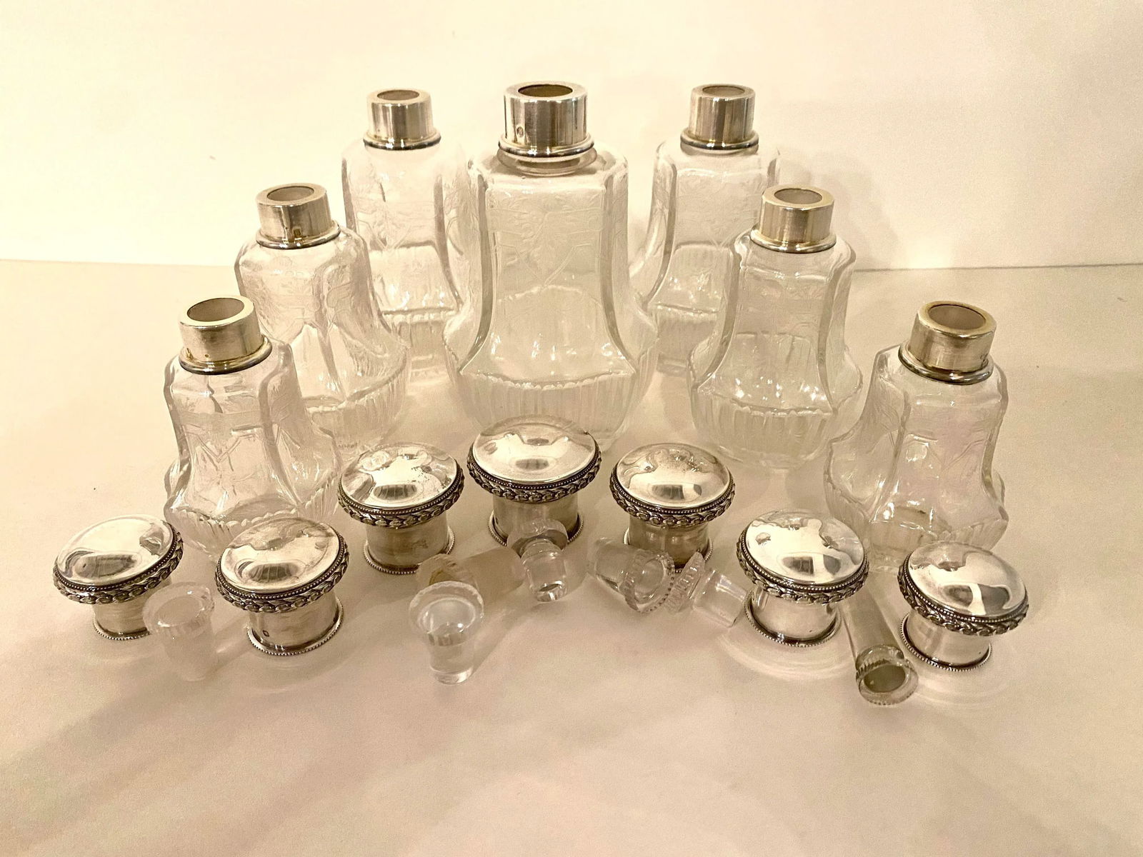 Antique Baccarat-Style Sterling and Crystal Perfume Bottles Vanity Set- 7 Pieces - 7