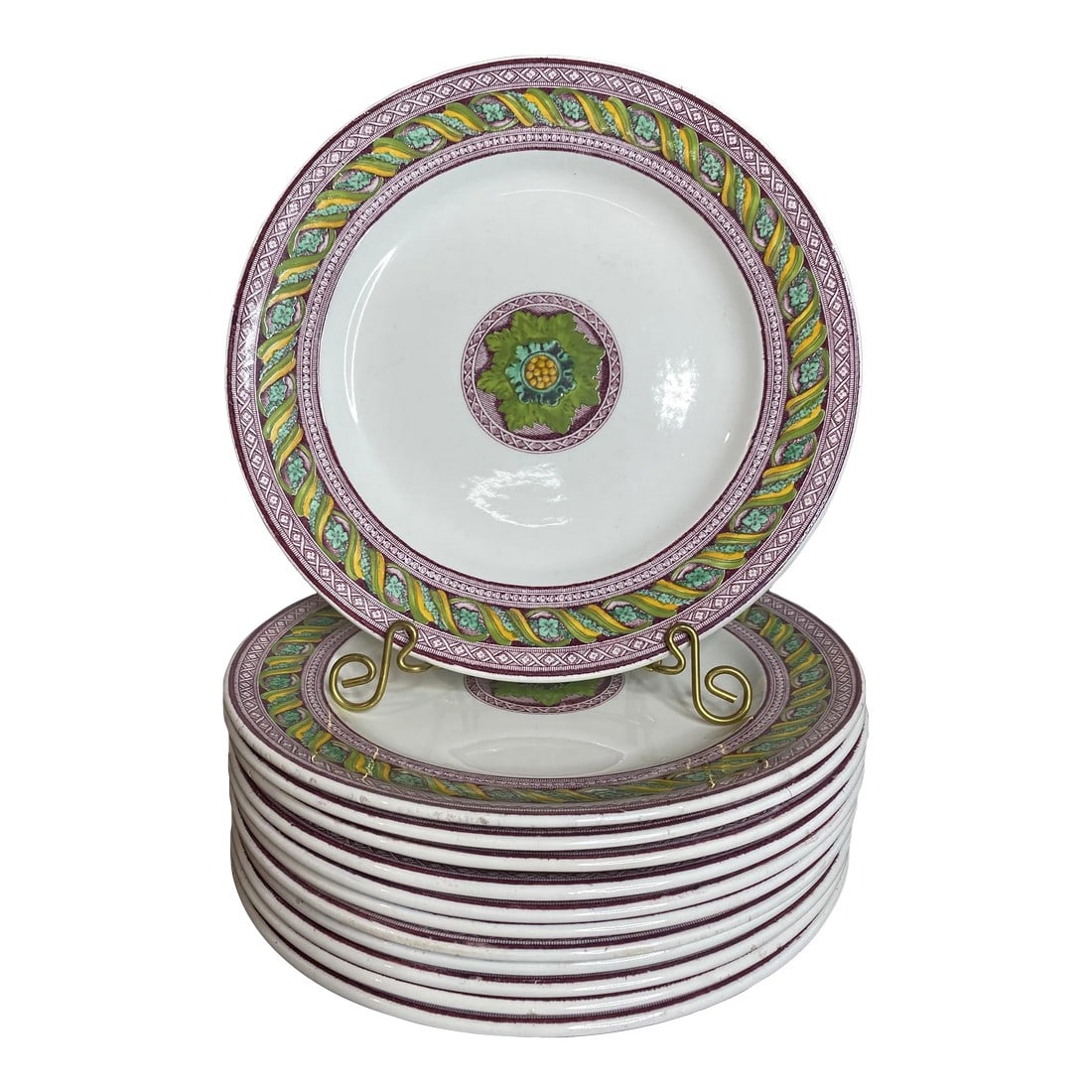 Antique Set of 12 Wedgwood Hand -Painted Plates: Mid 19th century luncheon, salad, or dessert plates produced by Wedgewood and Co. for Bailey Banks & Biddle out of Philadelphia. Plates have a cranberry colored transfer printed under design and then