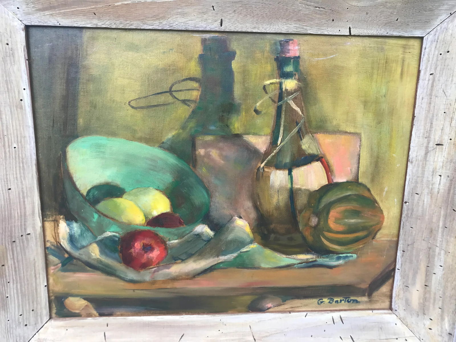 Vintage Still Life Painting of Fruit and Wine, Framed - 5