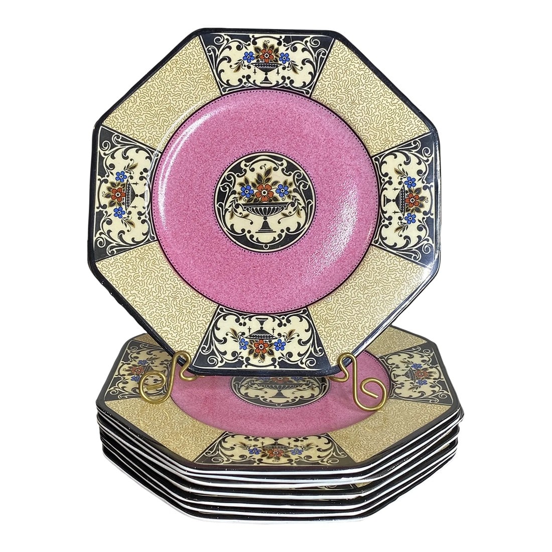 Eight Antique Wedgwood Nanette Plates: Hard to find version of the popular Wedgwood China pattern, Nanette, in the pink. Produced in the early 1900's , this pattern epitomizes the designs of the Art Deco and Art nouveau period in both