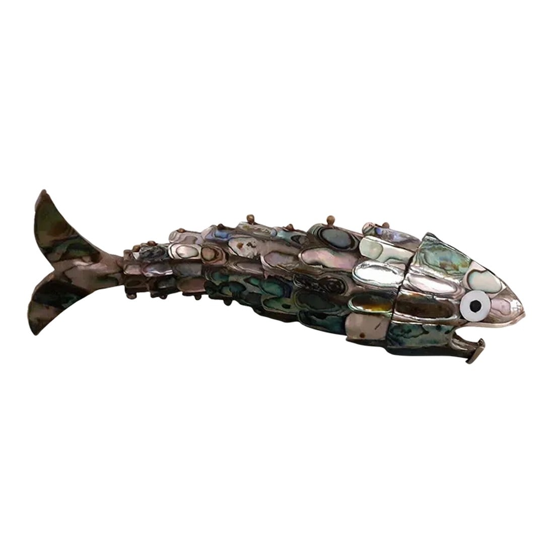 1960s Mid-Century Modern Los Castillo Taxco Abalone Fish Bottle Opener: Excellent vintage condition Condition: Original Condition Unaltered; Some Imperfections; In excellent condition with no known defects Dimensions: Height: 1.25 in. Width: 9 in. Depth: 2 in. Category: B