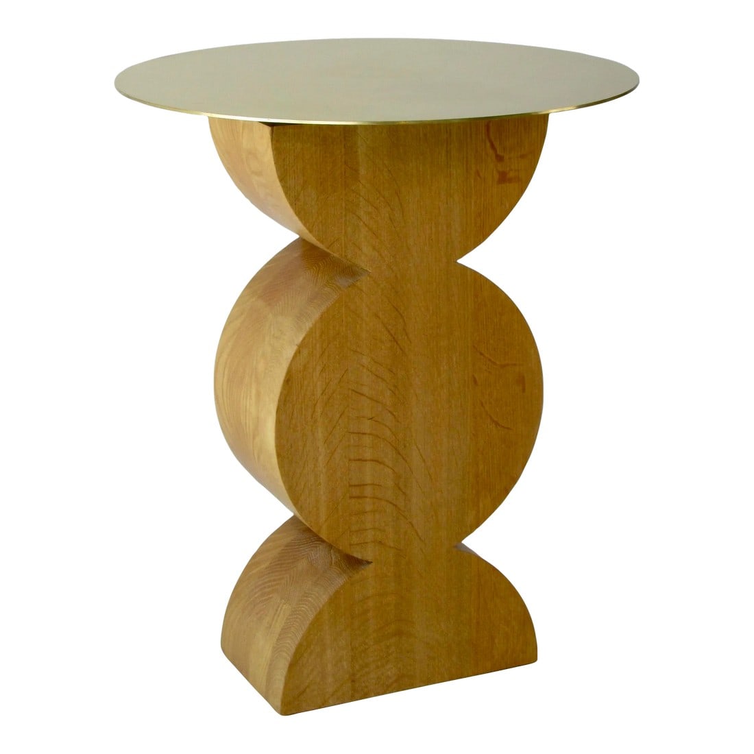 Cassina Oak Occasional Table With Brass Top: Studio Simon Constantin occasional table in oak wood with a polished brass top. The brass top appears to be floating on the thickset wood base. Italy, 1971/2013 Base measures 10.75w x 6.5d Table will