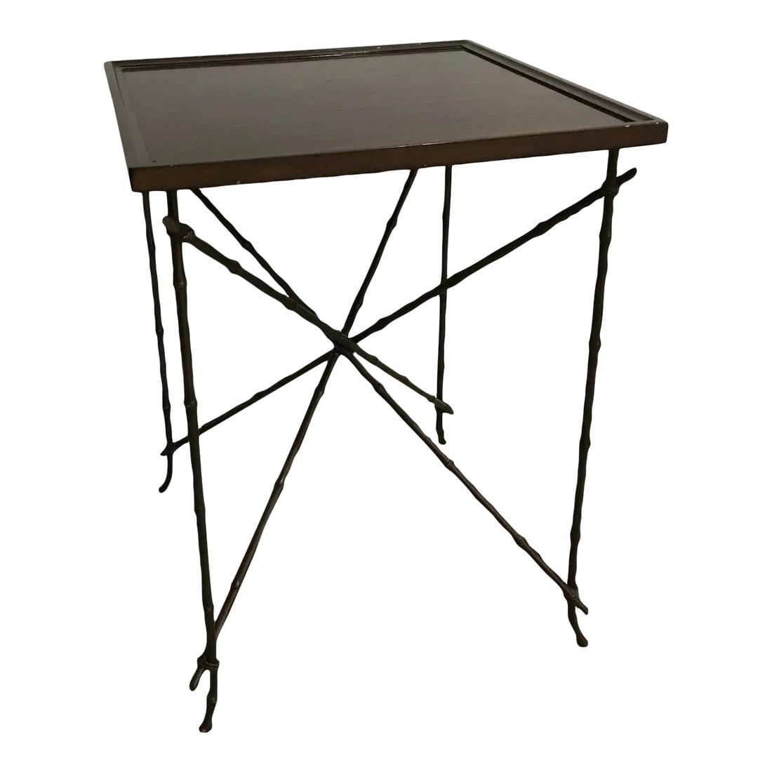 Square Topped Walnut Table With Bronze Base: Large square wood tray rest on subtly bamboo legs of made of bronze. Condition: Original Condition Unaltered; Some Imperfections; Vintage Condition Dimensions: Height: 26.25 in. Width: 20 in. Depth: 2