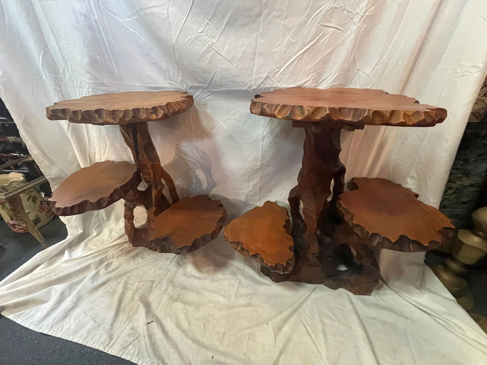 Solid Carved Wood Tiered Tables - a Pair - 8