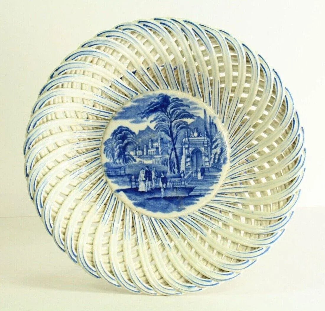 1840-50 Weaved Raised Porcelain Serving Bowl / Basket Stafforshire - 13