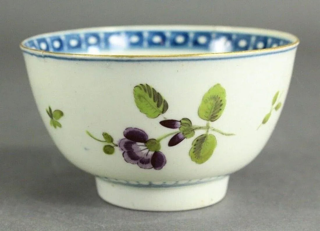 1751-1783 Worcester Tea Cup Egg Shell Porcelain, Blue Crescent Mark, Hand Painted Flowers - 2