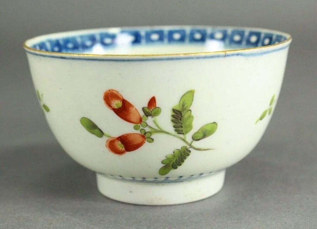 1751-1783 Worcester Tea Cup Egg Shell Porcelain, Blue Crescent Mark, Hand Painted Flowers - 3