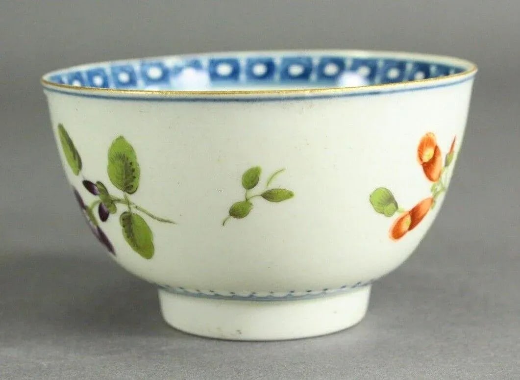 1751-1783 Worcester Tea Cup Egg Shell Porcelain, Blue Crescent Mark, Hand Painted Flowers - 5