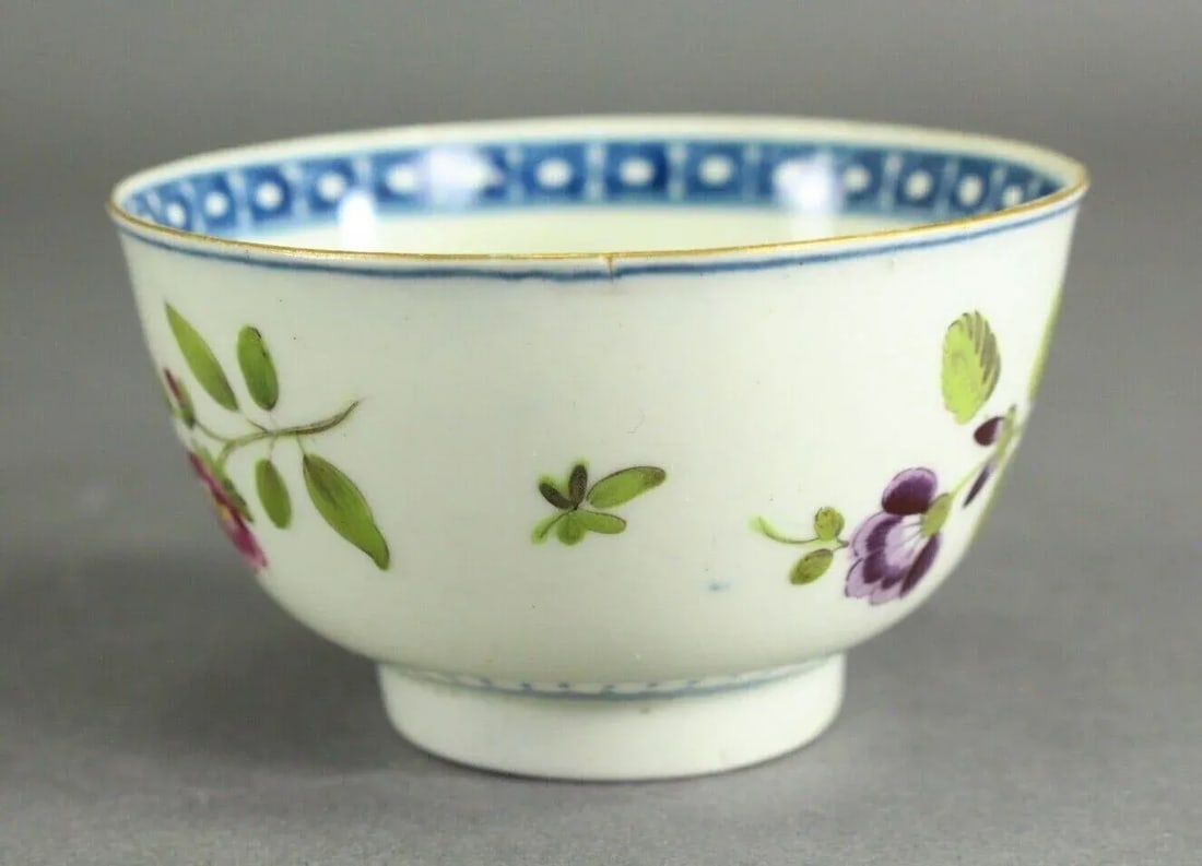 1751-1783 Worcester Tea Cup Egg Shell Porcelain, Blue Crescent Mark, Hand Painted Flowers - 6