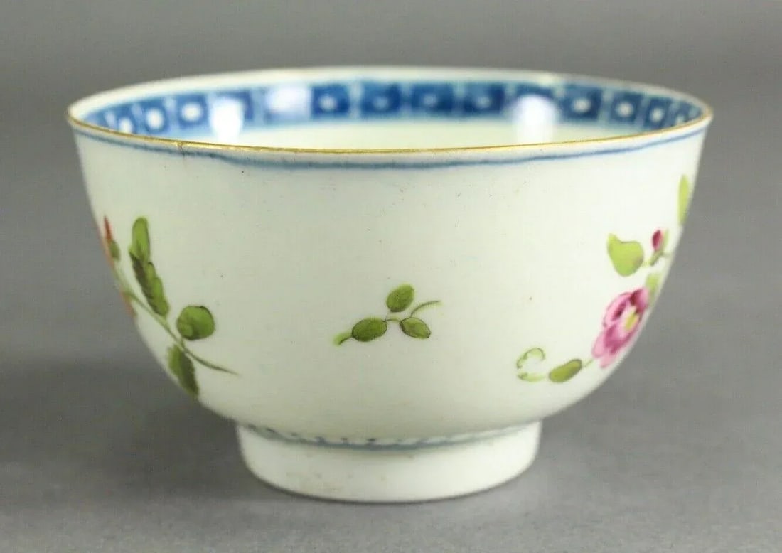 1751-1783 Worcester Tea Cup Egg Shell Porcelain, Blue Crescent Mark, Hand Painted Flowers - 7