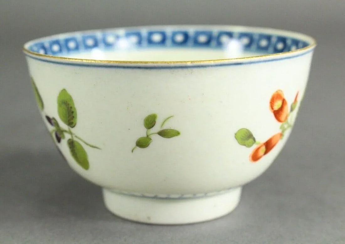 1751-1783 Worcester Tea Cup Egg Shell Porcelain, Blue Crescent Mark, Hand Painted Flowers - 9