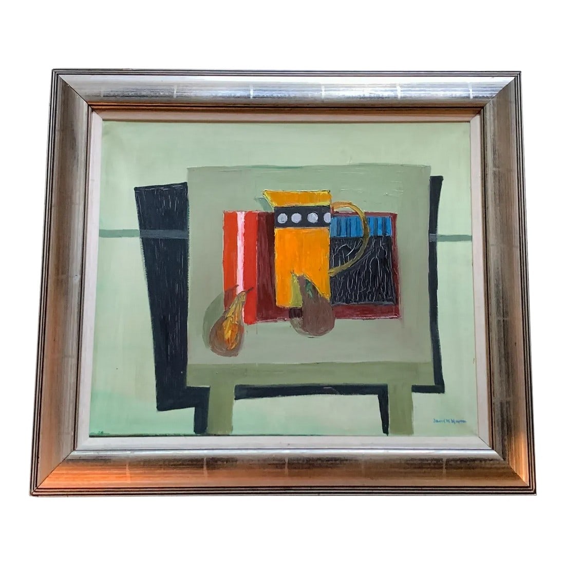 Yellow Jug & Pears - Still-Life Painting by David McLeod Martin: Yellow Jug & Pears by Scottish painter David Mcleod Martin (1922-2018). Oil on canvas. Signed lower right corner. Dated 1998 on back of canvas. The painting comes in a silver wood frame with glass cov