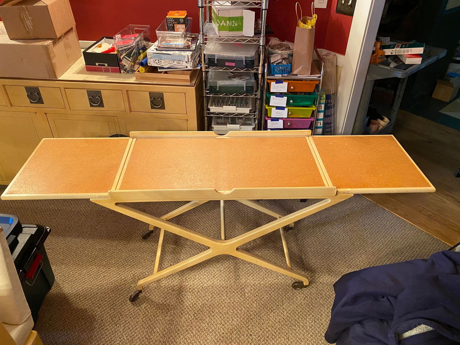 1950s Baker Furniture Expandable Oak and Cork Top Bar Cart by Italian Designer Cesare Lacca - 3