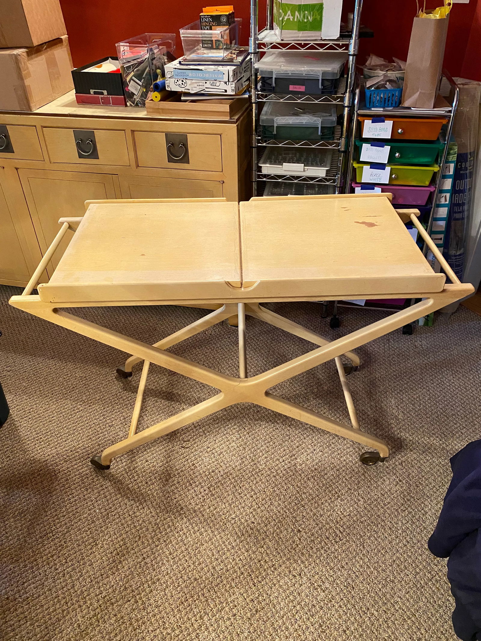 1950s Baker Furniture Expandable Oak and Cork Top Bar Cart by Italian Designer Cesare Lacca - 7