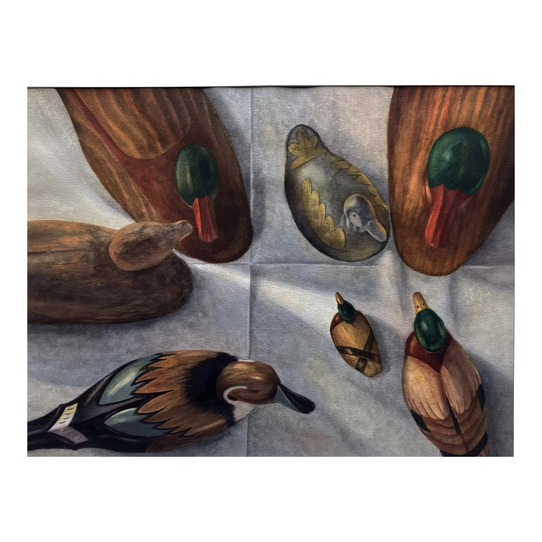 Sitting Ducks Patricia Hunter Realist Watercolor Painting: Artist: Patricia Hunter - American Title: Sitting Ducks Year: 1985 Medium: Watercolor Sight size: 18 x 24 inches. Framed size: 24 x 30 inches Signature: Signed lower center. Titled and dated,