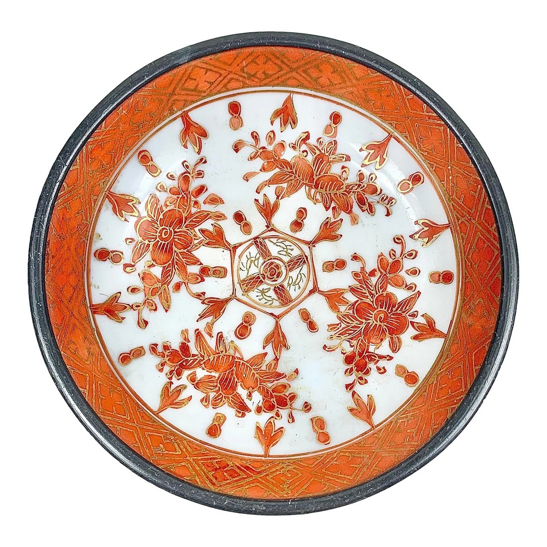 Vintage Imari Style Pewter Backed Catchall: Gorgeous vintage catchall. Imari style design. Red orange coloring with gold accents. Chinoiserie chic. Backed with pewter. Perfect to use as a display piece with a stand or for small jewelry or