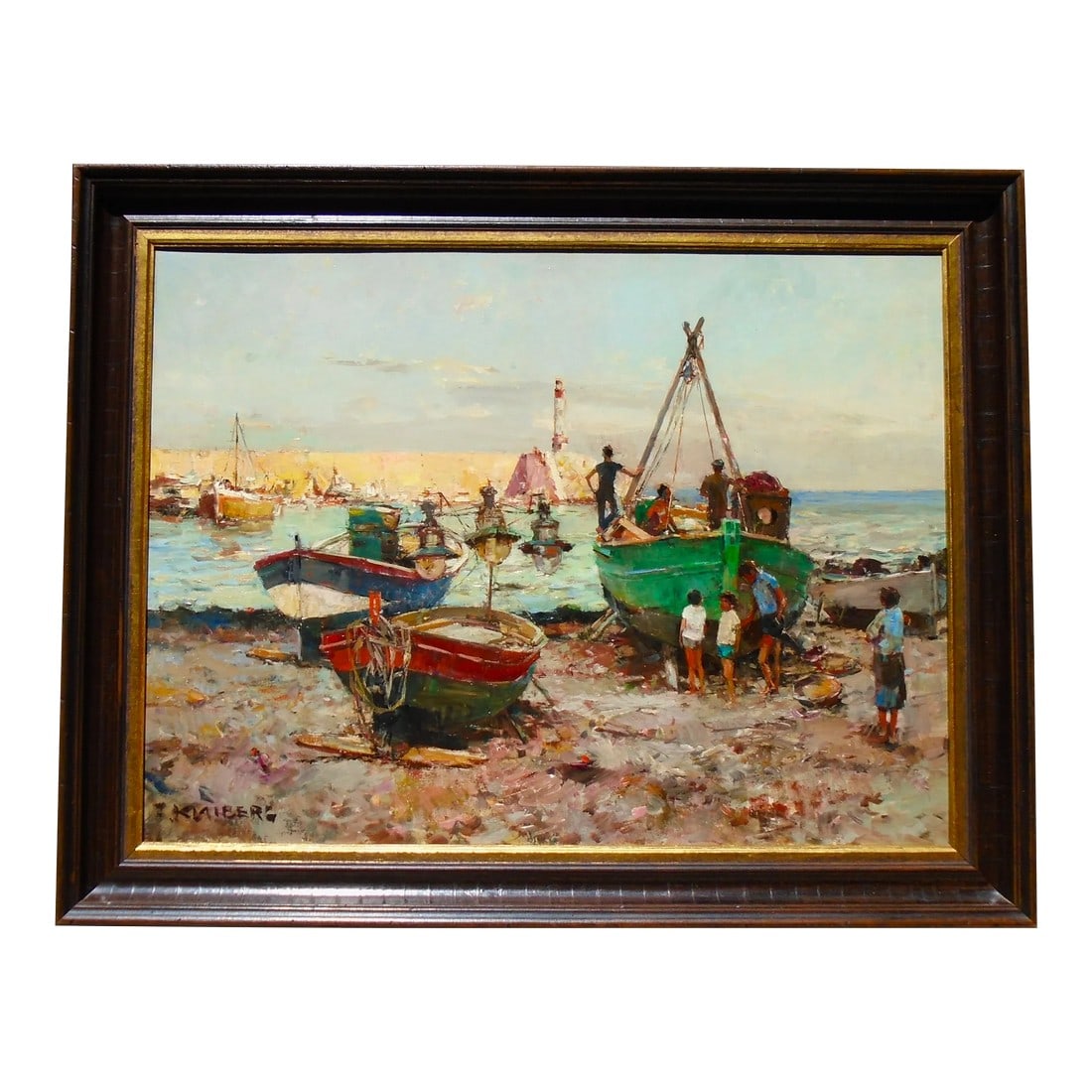 1970s "Waiting for Evening Fishing - Italy", Original Oil on Canvas Painting: An original oil on canvas painting by Fredrich (Fritz) Klaiberg, German artist 1921-1998, " Waiting for Evening Fishing - Italy", 23 3/4" x 31 3/4", scene of three fishing boats on the shore with seve