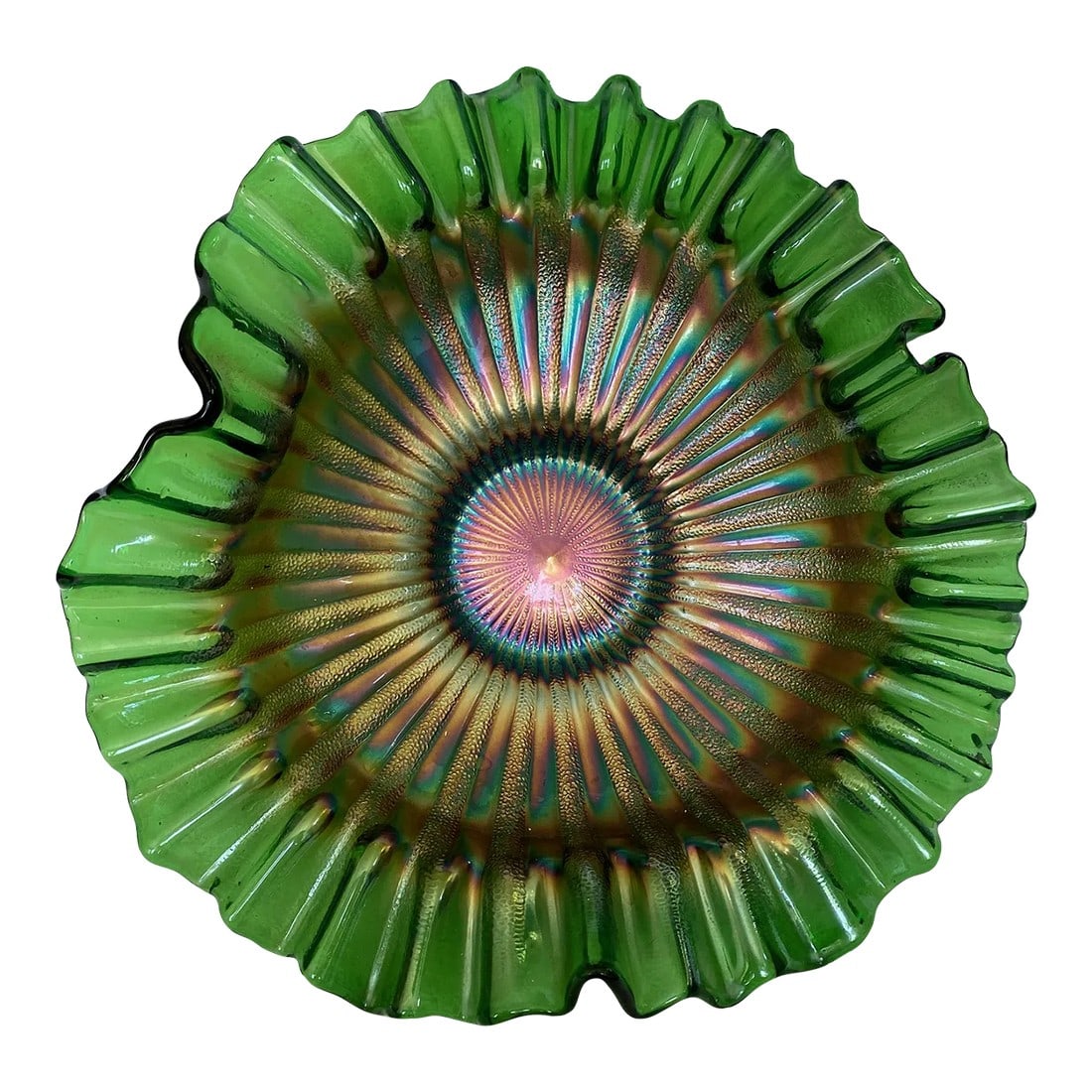 Mid 20th Century Fenton Carnival Glass Candy Dish - Emerald Arches Ruffled Edge (1 of 8)