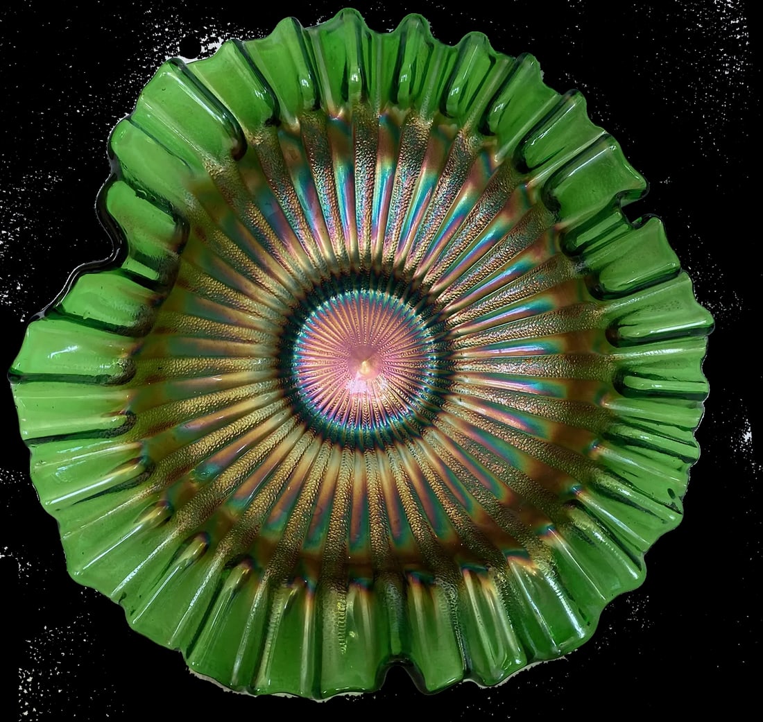 Mid 20th Century Fenton Carnival Glass Candy Dish - Emerald Arches Ruffled Edge - 8