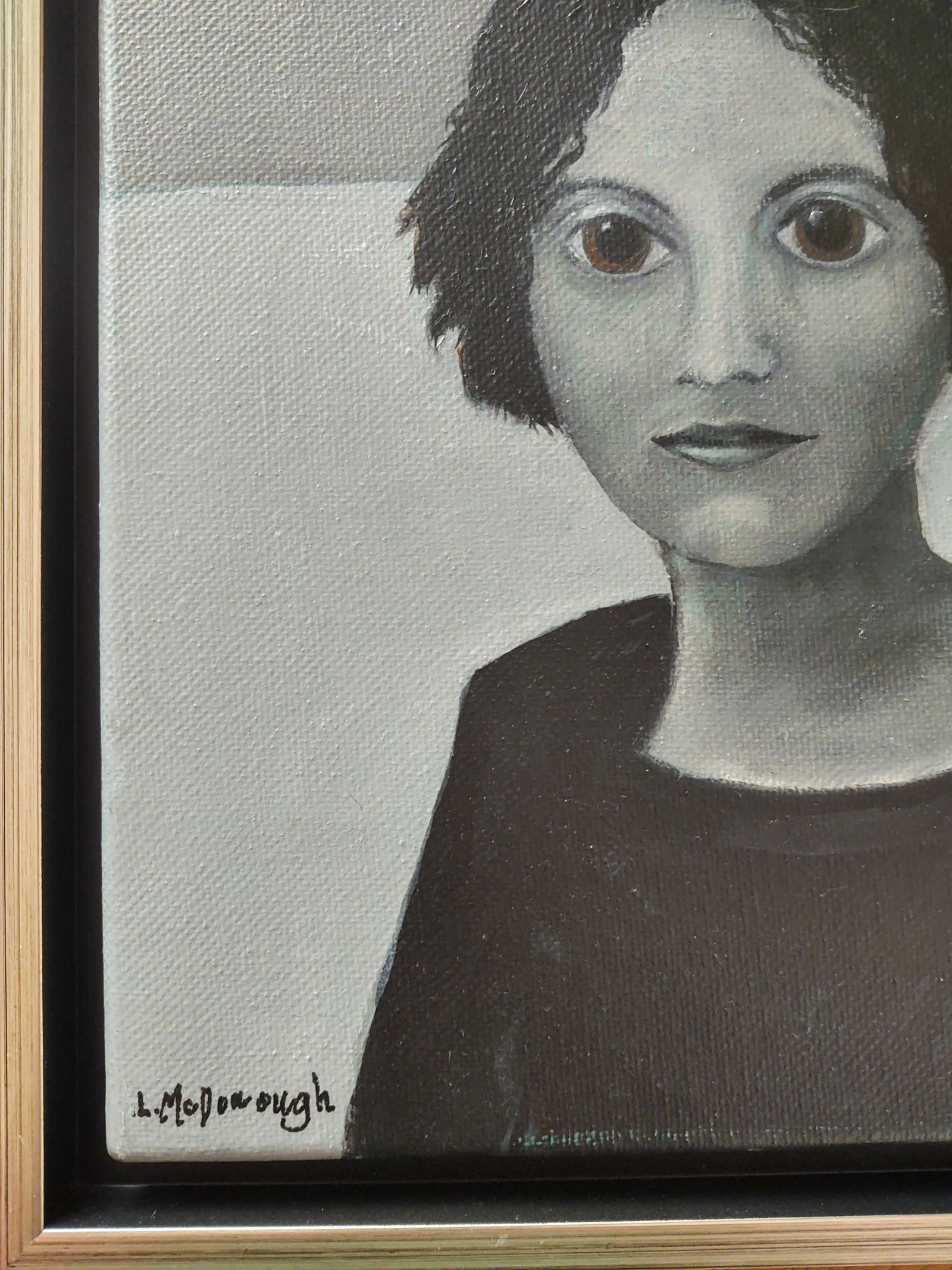 Brown-Eyed Girl Contemporary Original Portrait Oil Painting by Linda McDonough, Framed - 10