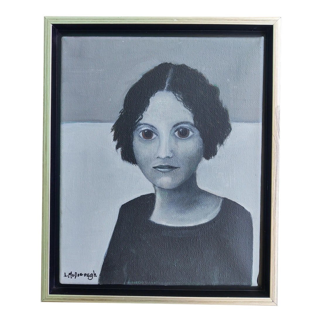 Brown-Eyed Girl Contemporary Original Portrait Oil Painting by Linda McDonough, Framed: Brown-Eyed Girl is an oil painting by Florida artist Linda McDonough, modeled after Bella, the wife of French painter Mark Chagall. Green mid-tone underpainting ads interest to this black, white, and