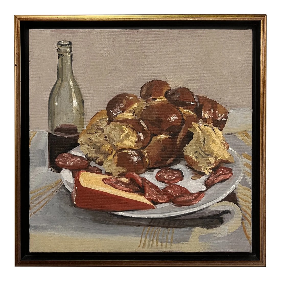 Contemporary Realist Still Life with Challah Oil Painting by Emily Ezell, Framed: Still Life w/ Challah 12x12 Emily Ezell grew up in piney North Louisiana and received her BFA Louisiana Tech University and her MFA from the New York Academy of Art. Condition: Original Condition