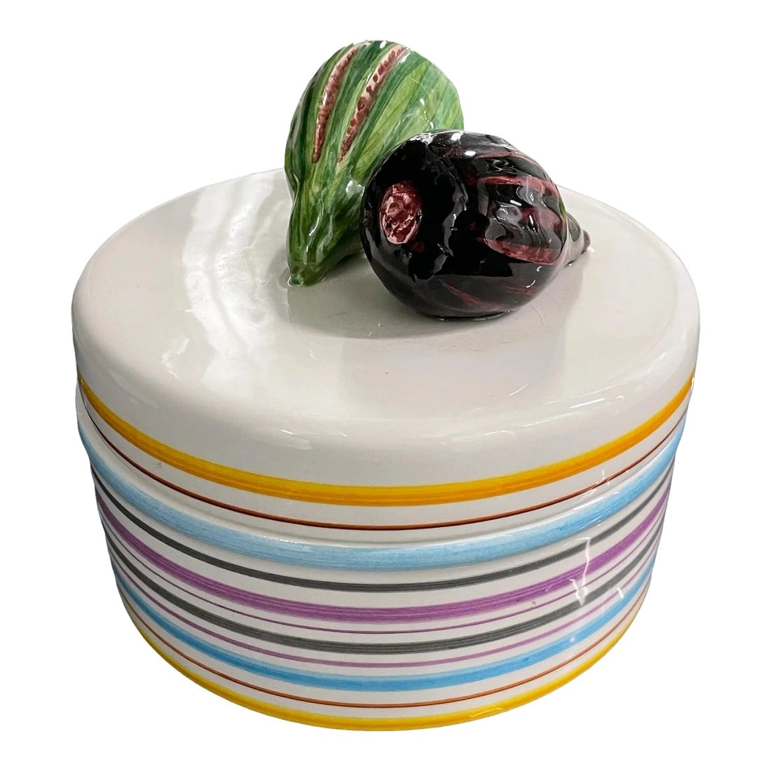 1960s Tiffany and Co. Ceramic Fig Lidded Box: Whimsical multi colored striped ceramic box with two figs a top the lid.....made in Italy for Tiffany and Co. This makes a great hostess gift! Condition: No Imperfections; This item is vintage but has
