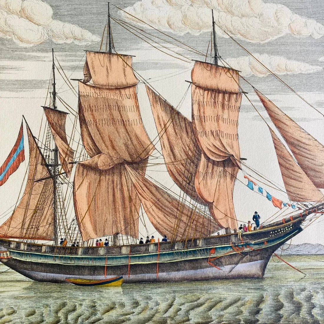 19th Century Hand Colored Ship Engraving by V Cioni - 2