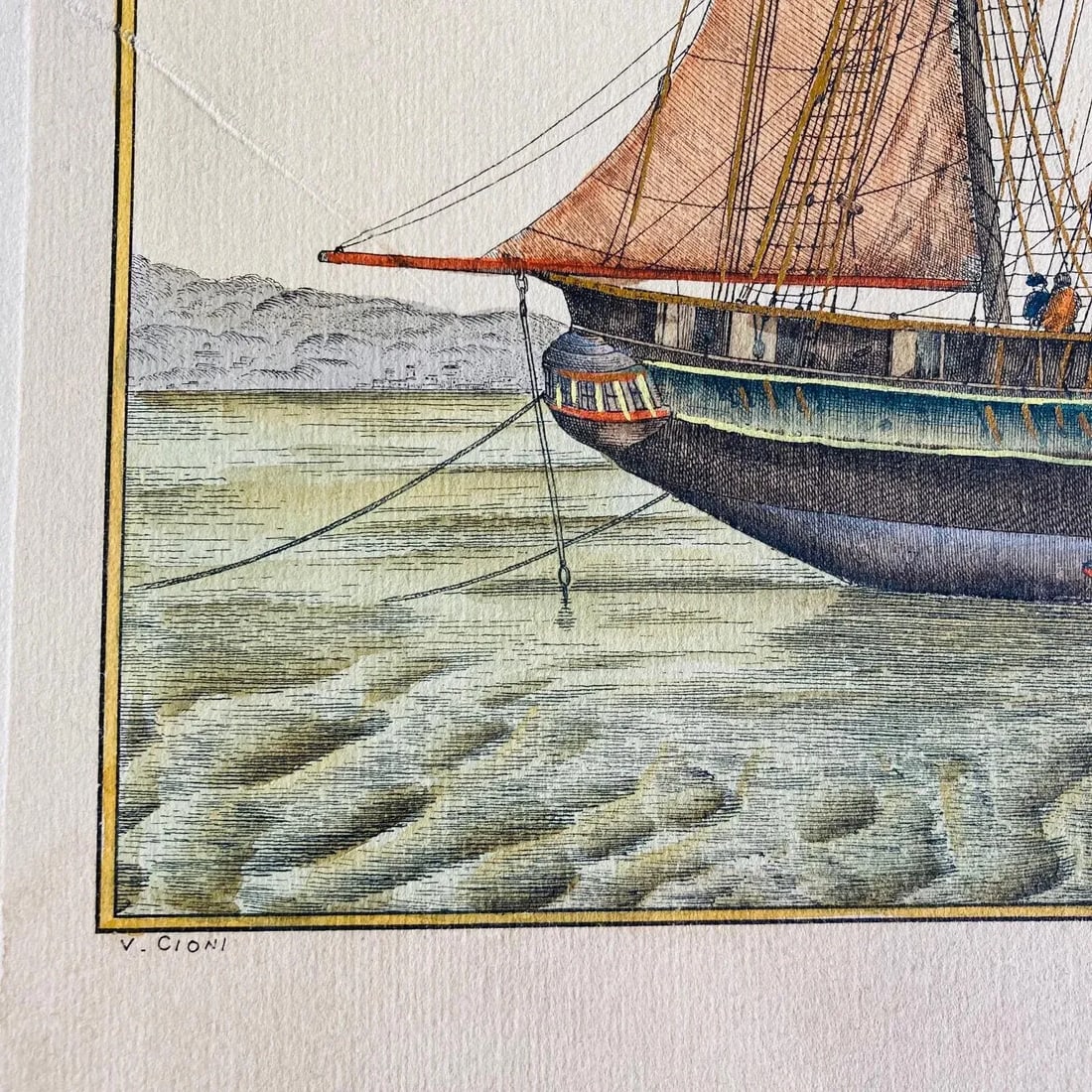 19th Century Hand Colored Ship Engraving by V Cioni - 6