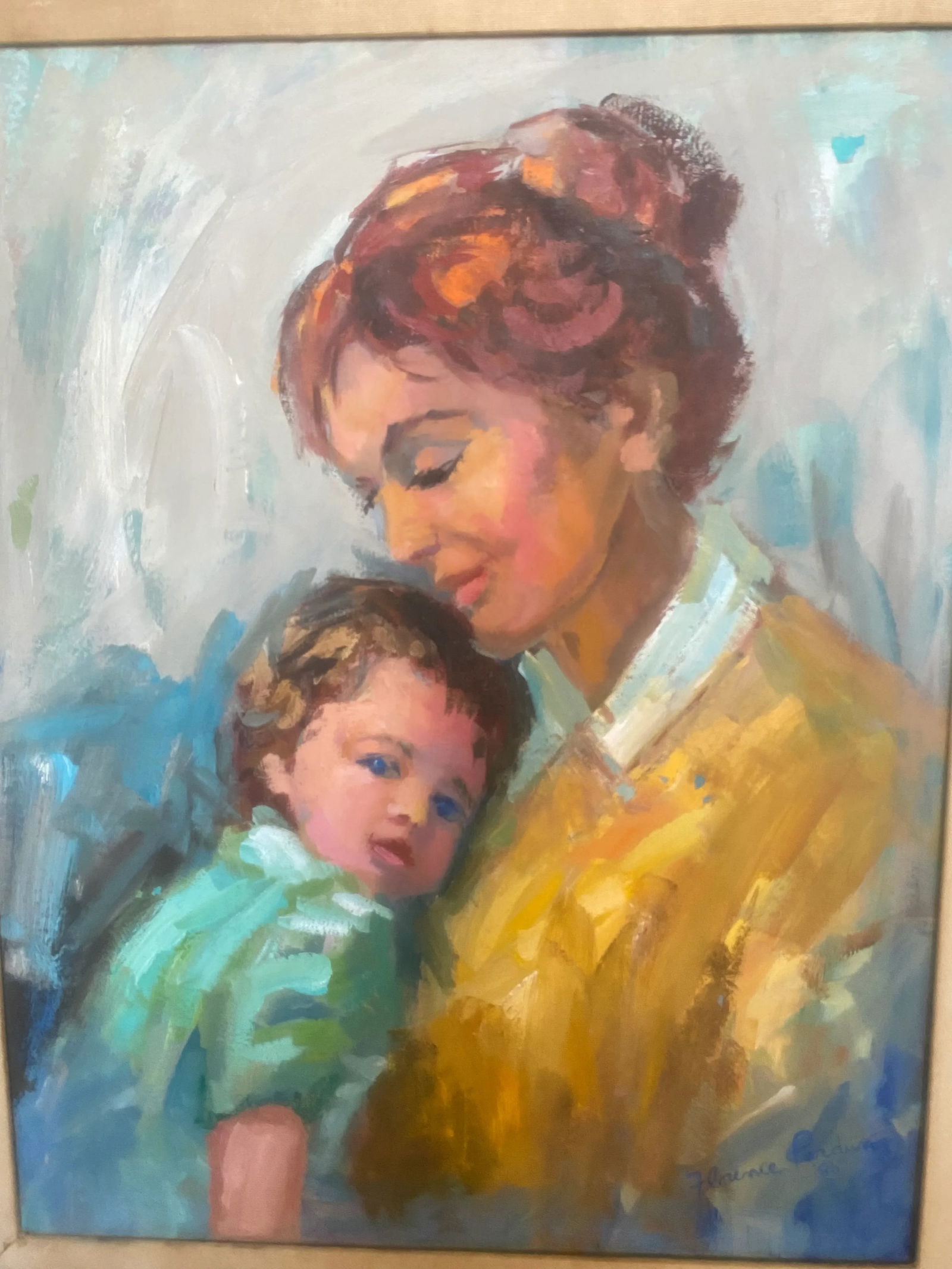 Vintage Boho Impressionist Oil Painting of Mother and Child by Florence Purdun 1986 - 2