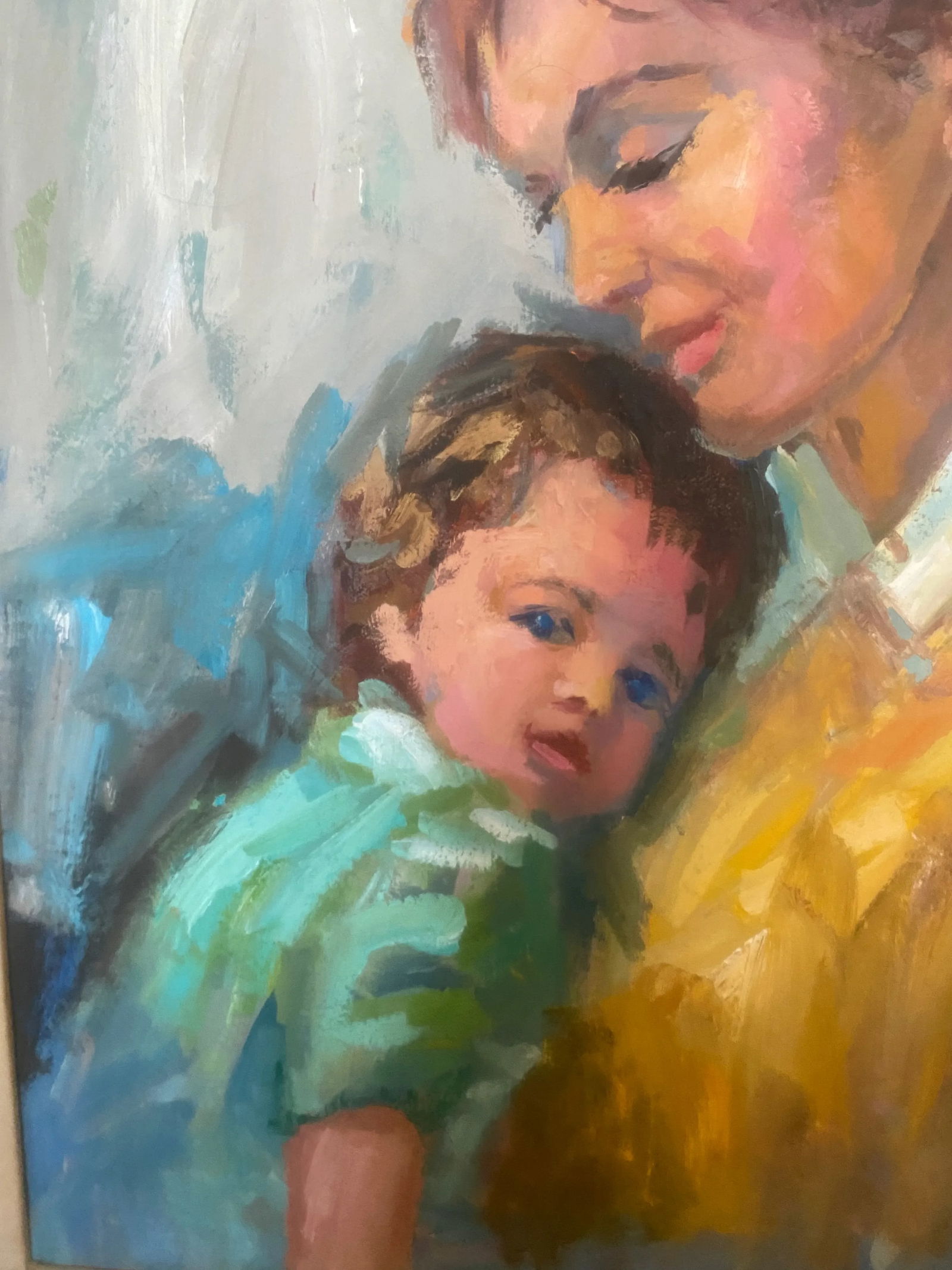 Vintage Boho Impressionist Oil Painting of Mother and Child by Florence Purdun 1986 - 4