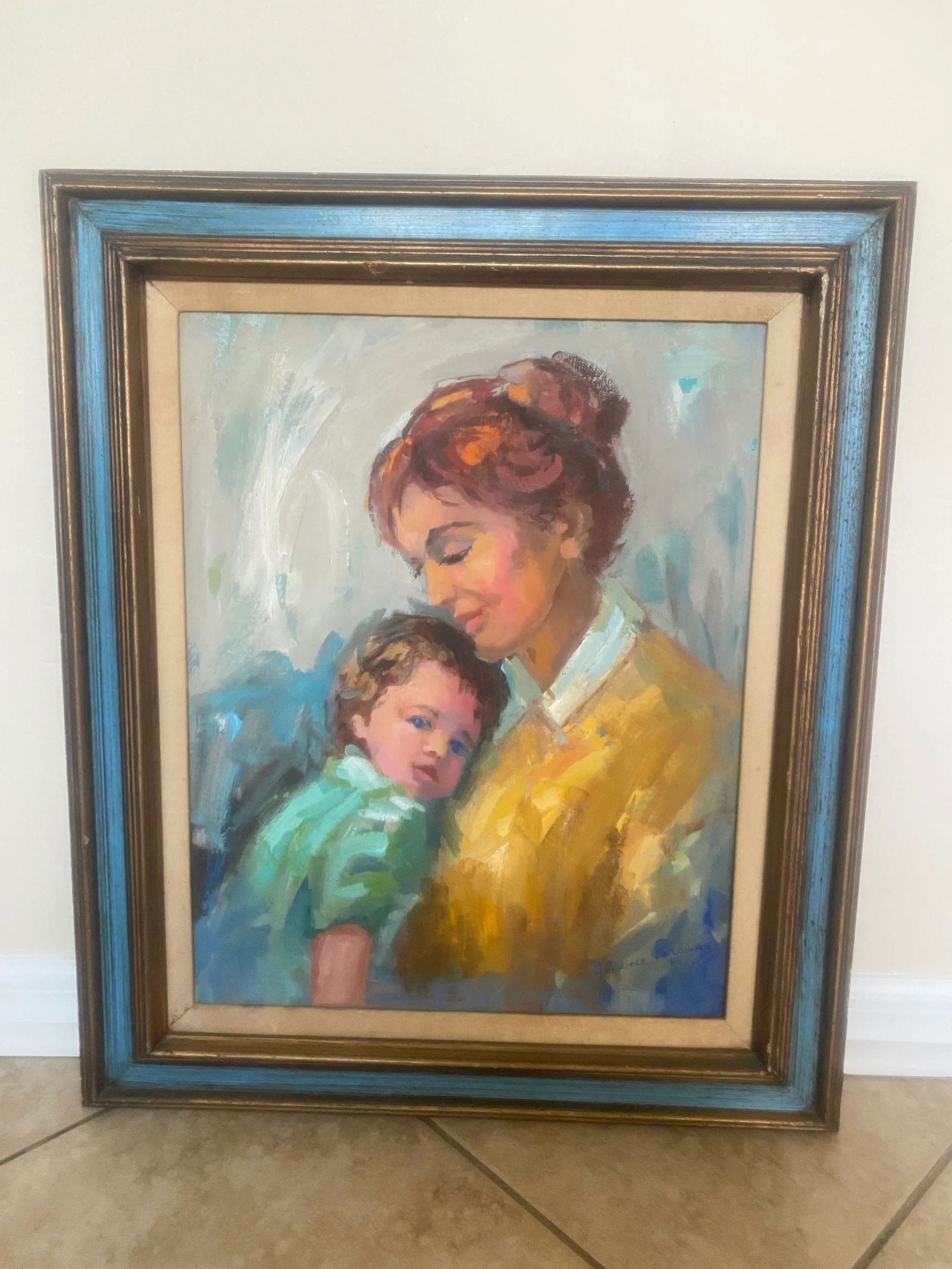 Vintage Boho Impressionist Oil Painting of Mother and Child by Florence Purdun 1986 - 9