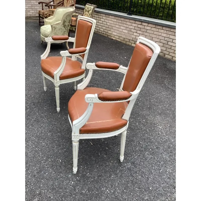 1950s Vintage Louis XVI French Leather Painted Chairs - Set of 2 - 4
