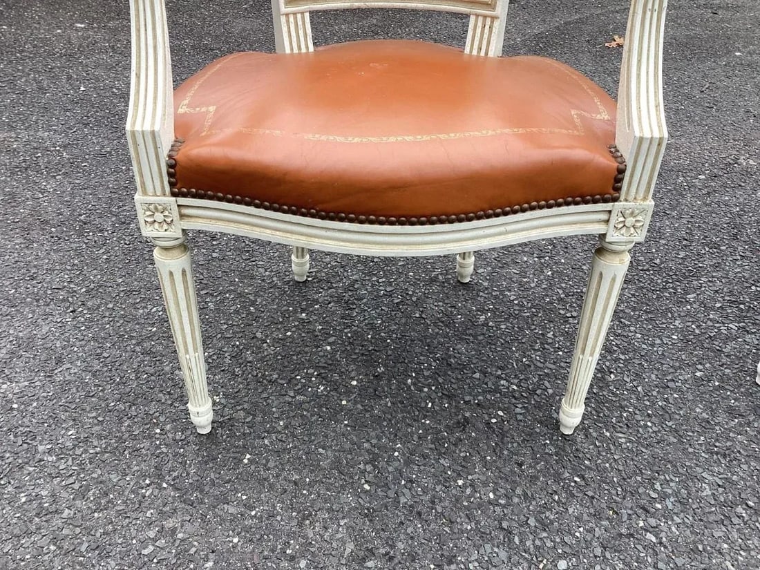 1950s Vintage Louis XVI French Leather Painted Chairs - Set of 2 - 5